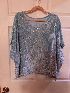 white birch Iridescent Sequin V-Neck Pocket Sweatshirt in Light Blue